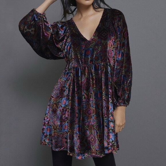 Anthropologie Dresses & Skirts - by Anthropologie Mona Burnout Velvet Mini Long Balloon Sleeve Dress Women’s XS